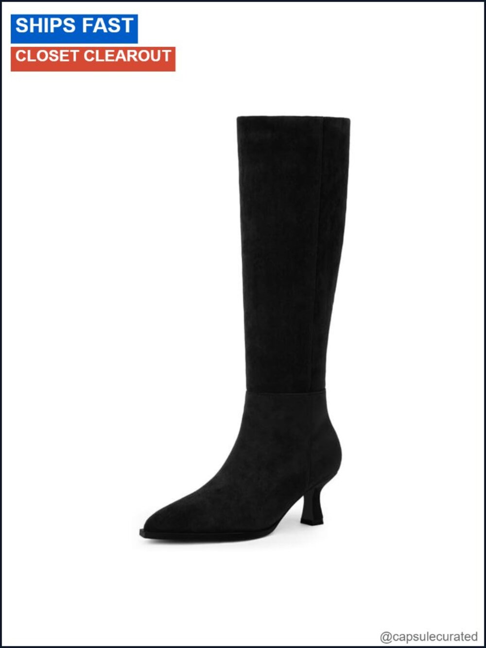 Kitten Heel Knee High Boots for Women Pointed Toe Faux Suede Side Zip